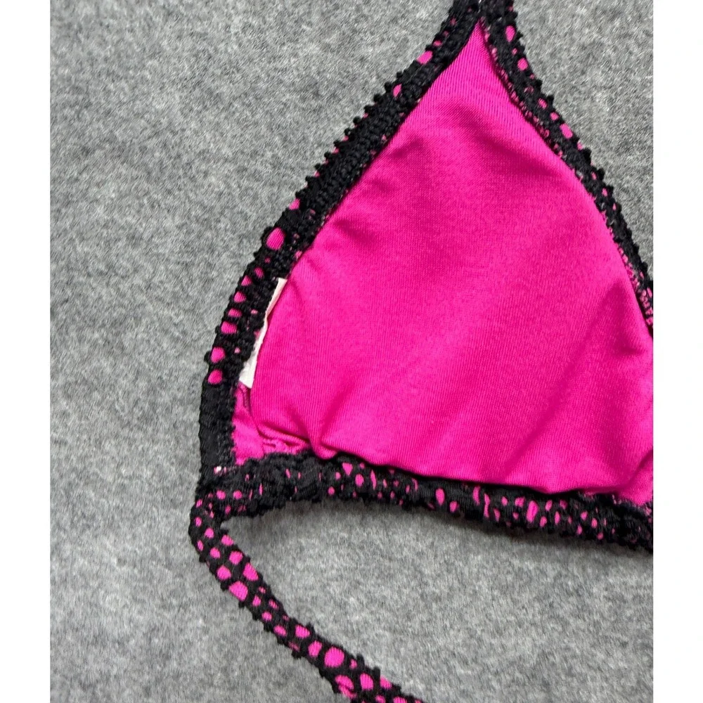 Roxy Girl Pink Black Crochet Geometric Triangle Bikini Set Swimsuit XS? Beach